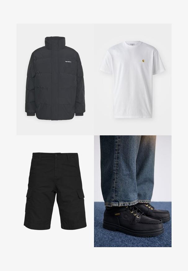 Black puffer jacket with a high collar, zip front, and elastic cuffs. Features a pocket and a small logo on the chest. Textured surface.; White cotton t-shirt with short sleeves, crew neck, featuring a small gold logo on the left chest area. Soft texture and regular fit.; Black cargo shorts made of woven fabric, featuring two side pockets, a button closure, and a straight cut extending to the knee.; Black leather shoes with gold eyelets and a textured finish, paired with blue denim jeans. Shoes feature a layered sole and branding detail.