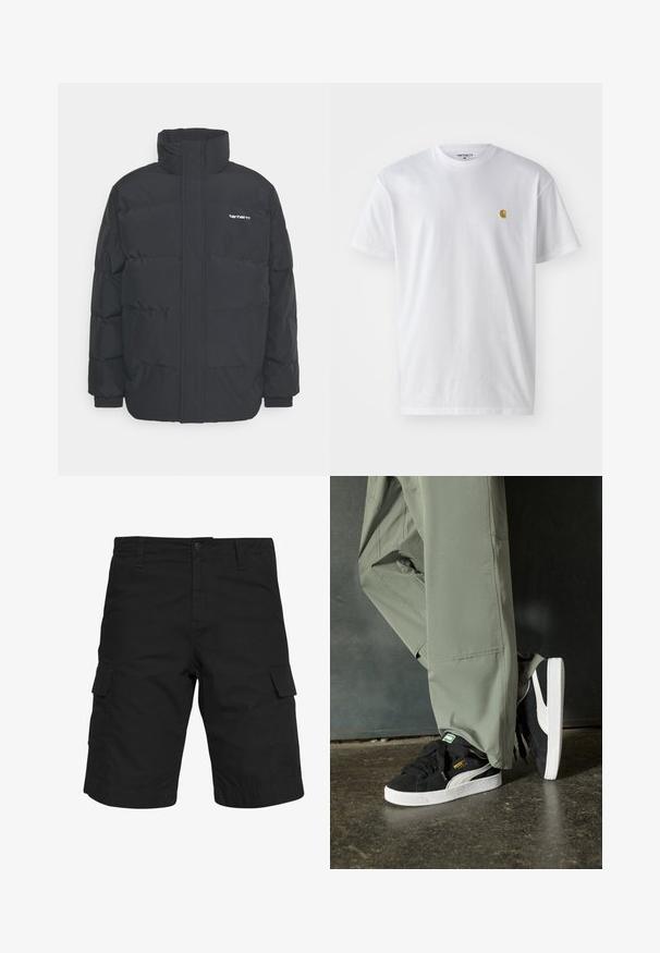 Black puffer jacket with a high collar, zip front, and elastic cuffs. Features a pocket and a small logo on the chest. Textured surface.; White cotton t-shirt with short sleeves, crew neck, featuring a small gold logo on the left chest area. Soft texture and regular fit.; Black cargo shorts made of woven fabric, featuring two side pockets, a button closure, and a straight cut extending to the knee.; Black suede sneakers with white rubber soles and side stripes, paired with light green cargo pants, standing on a textured dark surface.