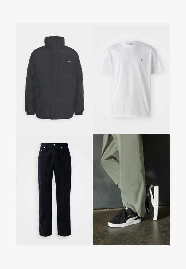 Fekete puffKabát magas nyakkal, cipzáros előlappal és rugalmas mandzsettával. Tartalmaz egy zsebet és egy kis logót a mellkason. Texturált felület.; Fehér pamut póló rövid ujjakkal, kerek nyakkal, bal mellel egy kis arany logóval. Puha tapintású és normál fazonú.; Sötétkék kordbársony nadrág egyenes szabással, öt zsebbel és gombos záródással. Függőleges bordázott textúrával és fém kiegészítőkkel rendelkezik.; Fekete velúr sportcipők fehér gumitalppal és oldalsávokkal, világos zöld cargo nadrággal párosítva, egy textúrált sötét felületen állva.