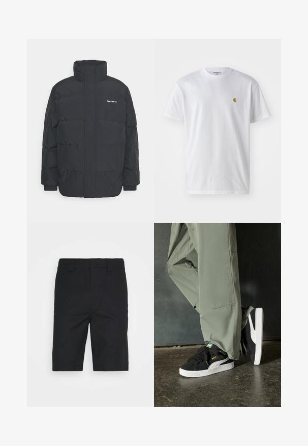 Black puffer jacket with a high collar, zip front, and elastic cuffs. Features a pocket and a small logo on the chest. Textured surface.; White cotton t-shirt with short sleeves, crew neck, featuring a small gold logo on the left chest area. Soft texture and regular fit.; Black cotton shorts with a straight cut, belt loops, and a clean hem finish. Features hidden front pockets and a smooth texture.; Black suede sneakers with white rubber soles and side stripes, paired with light green cargo pants, standing on a textured dark surface.