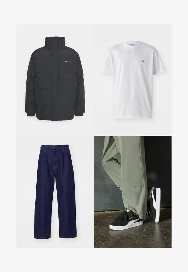 Fekete puffKabát magas nyakkal, cipzáros előlappal és rugalmas mandzsettával. Tartalmaz egy zsebet és egy kis logót a mellkason. Texturált felület.; Fehér pamut póló rövid ujjakkal, kerek nyakkal, bal mellel egy kis arany logóval. Puha tapintású és normál fazonú.; Sötétkék farmernadrág, széles szárú kialakítás, magas derék, gombos záródással és klasszikus öt zsebes stílussal. Simaság, finom varrás.; Fekete velúr sportcipők fehér gumitalppal és oldalsávokkal, világos zöld cargo nadrággal párosítva, egy textúrált sötét felületen állva.