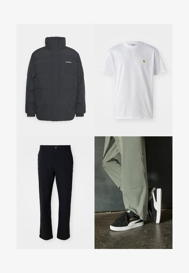Sort pufferjakke med høj krave, lynlås foran og elastiske manchetter. Har en lomme og et lille logo på brystet. Tekstureret overflade.; Hvid bomulds t-shirt med korte ærmer, rund hals og et lille guld logo på venstre brystområde. Blød tekstur og almindelig pasform.; Sorte bukser med knaplukning, lige ben-design, glat tekstur og sidelommer, velegnet til forskellige lejligheder.; Sorte ruskinds sneakers med hvide gummisåler og sidestreger, parret med lysegrønne cargo bukser, stående på en struktureret mørk overflade.