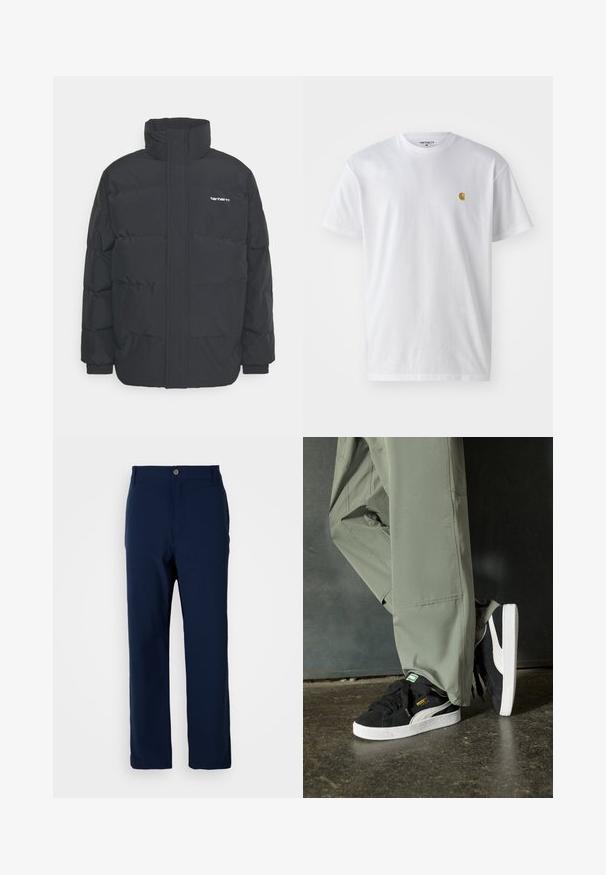 Schwarze Daunenjacke mit hohem Kragen, Reißverschluss vorne und elastischen Bündchen. Verfügt über eine Tasche und ein kleines Logo auf der Brust. Strukturiert Oberfläche.; Weißes Baumwoll-T-Shirt mit kurzen Ärmeln, Rundhalsausschnitt, mit einem kleinen goldenen Logo im linken Brustbereich. Weicher Stoff und normale Passform.; Marineblaue gerade geschnittene Hose mit Knopf- und Reißverschluss, Gürtelschlaufen und ohne sichtbare Taschen vor einem weißen Hintergrund.; Schwarze Wildleder-Sneaker mit weißen Gummisohlen und seitlichen Streifen, kombiniert mit hellgrünen Cargo-Hosen, stehen auf einer strukturierten dunklen Oberfläche.