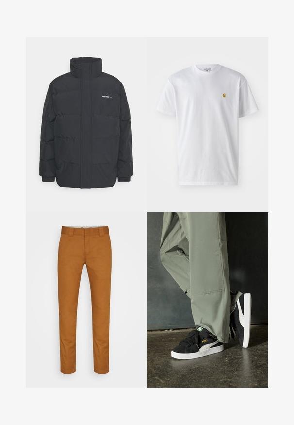 Doudoune noire avec un col montant, fermeture éclair à l'avant et poignets élastiques. Comprend une poche et un petit logo sur la poitrine. Surface texturée.; T-shirt en coton blanc à manches courtes, col rond, avec un petit logo doré sur la poitrine gauche. Texture douce et coupe régulière.; Pantalons en coton brun avec une coupe droite, des poches avant et une texture lisse et propre. Comprend des passants de ceinture et des détails de couture discrets.; Baskets en daim noir avec des semelles en caoutchouc blanc et des rayures sur les côtés, associées à un pantalon cargo vert clair, posées sur une surface sombre texturée.