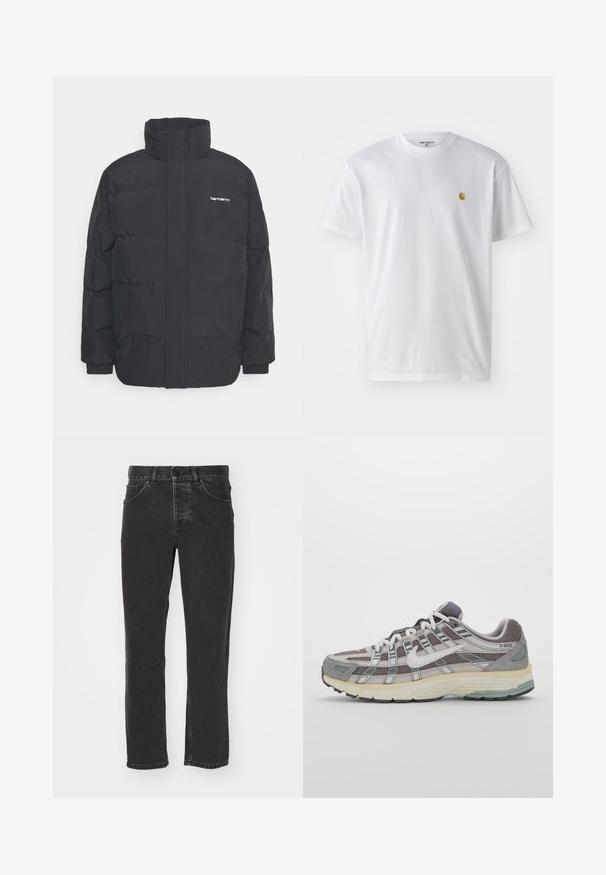 Melnā pūkainā jaka ar augstu apkakli, rāvējslēdzēja priekšpusi un elastīgām piedurknēm. Iespējama kabata un neliels logo uz krūtīm. Strukturēta virsma.; Balta kokvilnas t-kreklu ar īsām piedurknēm, apaļu kakla izgriezumu, ar mazu zelta logotipu kreisajā krūšu pusē. Mīksta tekstūra un regulāra piegriezuma.; Melnas džinses ar taisnu kāju dizainu, klasisku piecu kabatu stilu, pogu jostasvietu un izbalējušu apdari. Gluda tekstūra, bez redzamām rakstu zīmēm.; Pelēkie sporta apavi ar tīkla un zamša augšdaļu, baltiem akcentiem, mīkstinātu zoli un izcilu dizainu ar atstarotājiem.