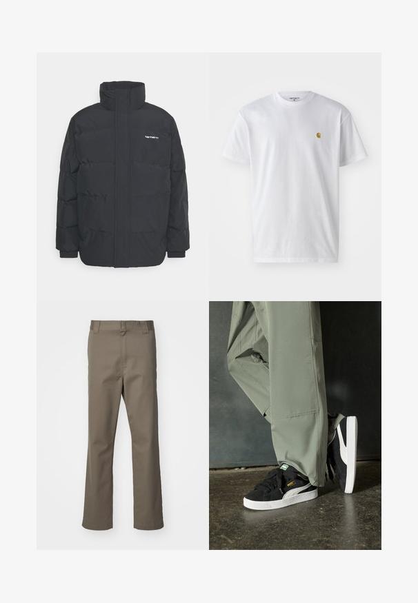 Černá zimní bunda s vysokým límcem, zipem vpředu a elastickými manžetami. Má kapsu a malé logo na hrudi. Texturovaný povrch.; Bílé bavlněné tričko s krátkým rukávem a kulatým výstřihem, s malým zlatým logem na levé straně hrudi. Měkká textura a klasický střih.; Hnědé kalhoty s rovnými nohavicemi, s poutky na opasek, předním zipem a bez viditelných kapes, vystavené na bílém pozadí.; Černé semišové tenisky s bílými gumovými podrážkami a bočními pruhy, spárované se světle zelenými cargo kalhotami, stojící na texturovaném tmavém povrchu.