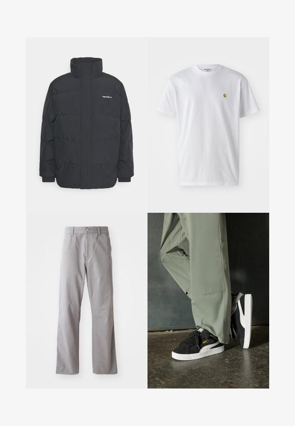 Chaqueta de plumas negra con cuello alto, cierre de cremallera frontal y puños elásticos. Cuenta con un bolsillo y un pequeño logo en el pecho. Superficie texturizada.; Camiseta de algodón blanca con mangas cortas, cuello redondo, que presenta un pequeño logo dorado en la parte izquierda del pecho. Textura suave y corte regular.; Pantalones de algodón grises con un diseño de pierna recta, que presentan un cierre frontal con botón y lazos para cinturón. Textura suave y detalles mínimos.; Zapatillas de ante negras con suelas de goma blancas y rayas laterales, combinadas con pantalones cargo verde claro, de pie sobre una superficie oscura texturizada.