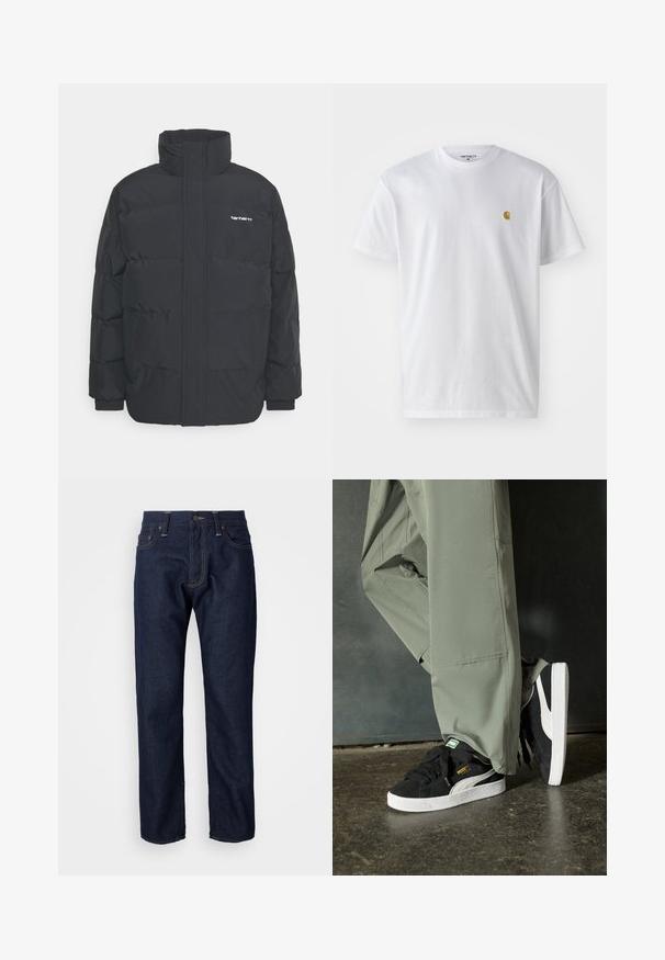 Giacca puffa nera con colletto alto, chiusura con zip frontale e polsini elastici. Presenta una tasca e un piccolo logo sul petto. Superficie testurizzata.; T-shirt bianco in cotone con maniche corte, con colletto girocollo, caratterizzato da un piccolo logo dorato sulla parte sinistra del petto. Tessuto morbido e vestibilità regolare.; Jeans in denim blu scuro con un design a gamba dritta, caratterizzati da cuciture in rame, cinque tasche e una chiusura con bottone standard.; Sneaker in suede nero con suole in gomma bianca e strisce laterali, abbinate a pantaloni cargo verde chiaro, in piedi su una superficie scura e texture.