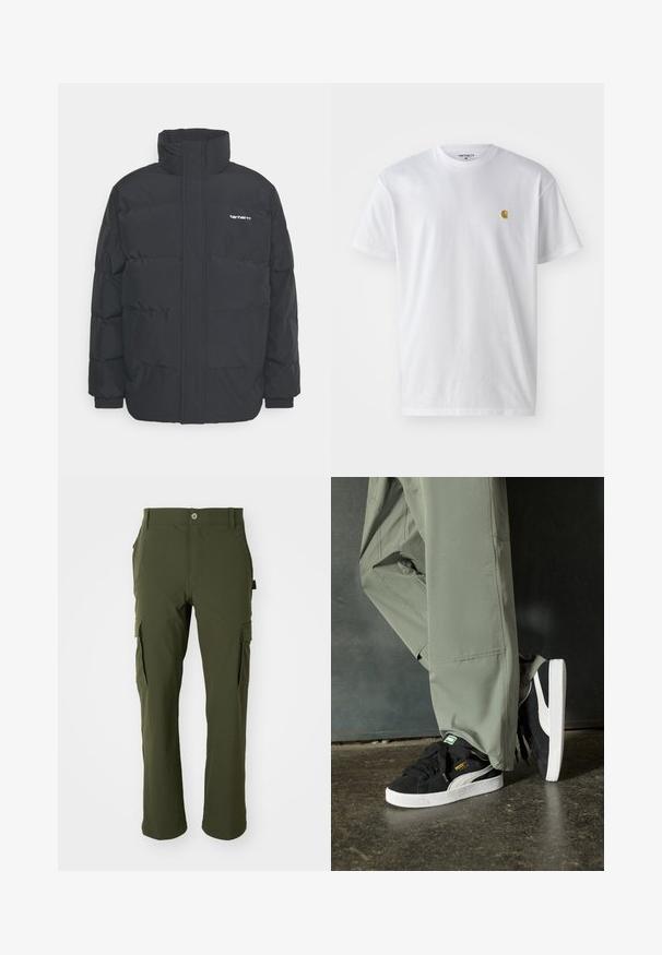 Musta puhvijaakku korkealla kauluksella, vetoketjukiinnitys edessä ja joustavat hihansuut. Varustettu taskulla ja pienellä logolla rintakehässä. Rakeinen pinta.; Valkoinen puuvillapaita lyhyillä hihoilla, pyöreä kaula-aukko, jossa on pieni kultainen logo vasemmassa rintapielessä. Pehmeä kangas ja normaali istuvuus.; Oliivinvihreät cargo-housut, jotka on valmistettu kevyestä kankaasta. Ominaisuuksiin kuuluu suora lahje, useita sivutaskuja ja nappikiinnitys vyötäröllä.; Mustat mokkakengät, joissa on valkoiset kumipohjat ja sivuraitoja, yhdistettynä vaaleanvihreisiin cargo-housuihin, seisoen tummalla teksturoidulla pinnalla.