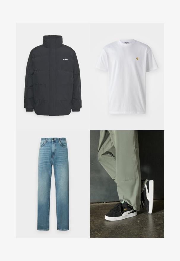 Black puffer jacket with a high collar, zip front, and elastic cuffs. Features a pocket and a small logo on the chest. Textured surface.; White cotton t-shirt with short sleeves, crew neck, featuring a small gold logo on the left chest area. Soft texture and regular fit.; Light blue denim jeans with a straight-leg cut, featuring a faded finish, five pockets, and contrasting stitching details.; Black suede sneakers with white rubber soles and side stripes, paired with light green cargo pants, standing on a textured dark surface.