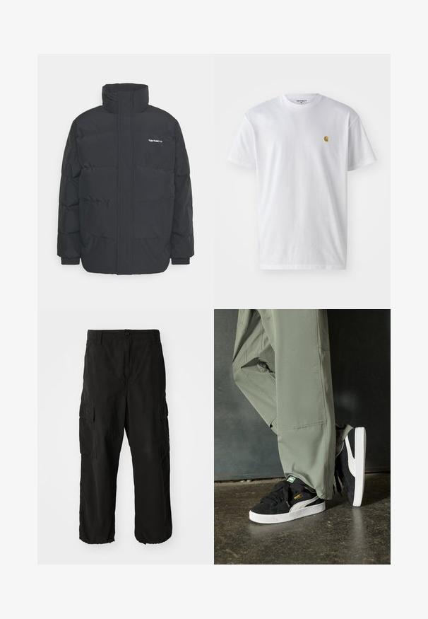 Zwarte pufferjas met een hoge kraag, rits aan de voorkant en elastische manchetten. Bevat een zak en een klein logo op de borst. Getextureerd oppervlak.; Witte katoenen t-shirt met korte mouwen en ronde hals, voorzien van een klein gouden logo op de linkerkant van de borst. Zachte textuur en een normale pasvorm.; Zwarte cargo broeken van een zacht materiaal, met een losse pasvorm, zijvakjes en een knoopsluiting. De onderzoom is omgeslagen.; Zwarte suède sneakers met witte rubberen zolen en zijstrepen, gecombineerd met lichtgroene cargobroeken, staande op een gestructureerd donker oppervlak.