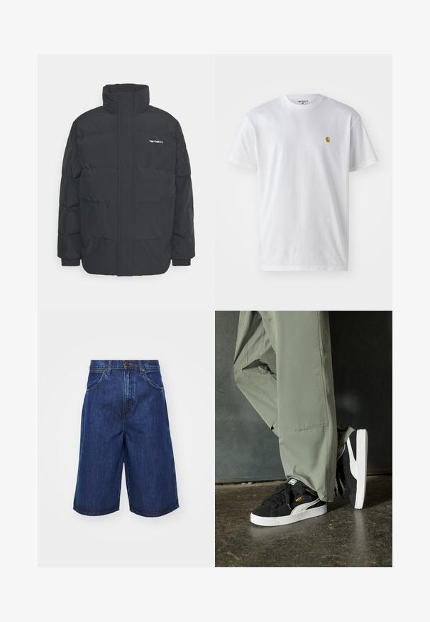 Black puffer jacket with a high collar, zip front, and elastic cuffs. Features a pocket and a small logo on the chest. Textured surface.; White cotton t-shirt with short sleeves, crew neck, featuring a small gold logo on the left chest area. Soft texture and regular fit.; Denim shorts in dark blue, featuring a relaxed fit, large side pockets, and visible stitching details. Mid-rise waist with button closure.; Black suede sneakers with white rubber soles and side stripes, paired with light green cargo pants, standing on a textured dark surface.