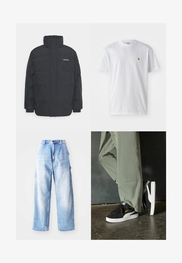 Black puffer jacket with a high collar, zip front, and elastic cuffs. Features a pocket and a small logo on the chest. Textured surface.; White cotton t-shirt with short sleeves, crew neck, featuring a small gold logo on the left chest area. Soft texture and regular fit.; Light blue denim wide-leg jeans with a high waist, featuring a front button closure, belt loops, and slightly faded patches on the fabric.; Black suede sneakers with white rubber soles and side stripes, paired with light green cargo pants, standing on a textured dark surface.