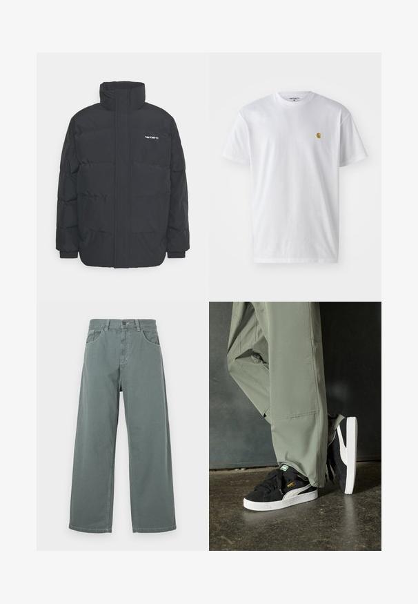 Sort pufferjakke med høj krave, lynlås foran og elastiske manchetter. Har en lomme og et lille logo på brystet. Tekstureret overflade.; Hvid bomulds t-shirt med korte ærmer, rund hals og et lille guld logo på venstre brystområde. Blød tekstur og almindelig pasform.; Breddebenede bukser i afdæmpet grøn bomuld, med en klassisk talje, bæltesløjfer, forlommer og kontrasterende sømdetaljer.; Sorte ruskinds sneakers med hvide gummisåler og sidestreger, parret med lysegrønne cargo bukser, stående på en struktureret mørk overflade.