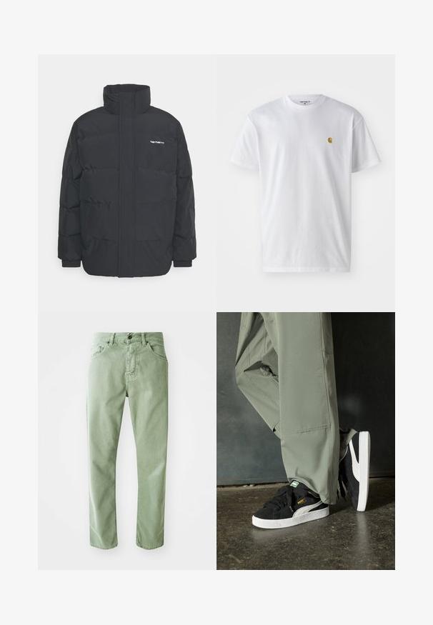 Fekete puffKabát magas nyakkal, cipzáros előlappal és rugalmas mandzsettával. Tartalmaz egy zsebet és egy kis logót a mellkason. Texturált felület.; Fehér pamut póló rövid ujjakkal, kerek nyakkal, bal mellel egy kis arany logóval. Puha tapintású és normál fazonú.; Zöld farmernadrág egyenes szabással, öt zsebbel és elülső gombos záródással. Finom textúrával és letisztult kidolgozással rendelkezik.; Fekete velúr sportcipők fehér gumitalppal és oldalsávokkal, világos zöld cargo nadrággal párosítva, egy textúrált sötét felületen állva.