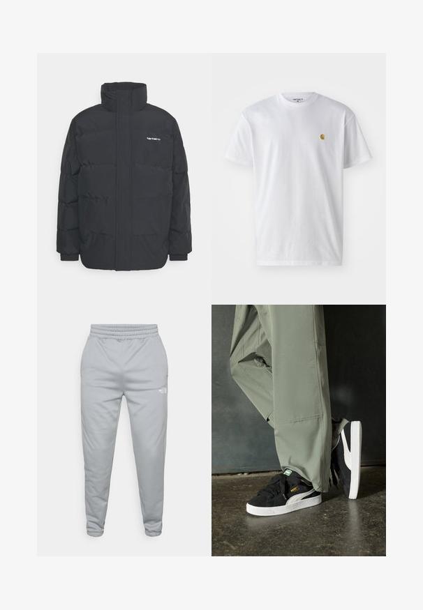 Zwarte pufferjas met een hoge kraag, rits aan de voorkant en elastische manchetten. Bevat een zak en een klein logo op de borst. Getextureerd oppervlak.; Witte katoenen t-shirt met korte mouwen en ronde hals, voorzien van een klein gouden logo op de linkerkant van de borst. Zachte textuur en een normale pasvorm.; Lichtgrijze joggingsbroek met een elastische tailleband en cuffs bij de enkels. Beschikt over een klein wit logo aan de onderzijde. Gelaagd materiaal.; Zwarte suède sneakers met witte rubberen zolen en zijstrepen, gecombineerd met lichtgroene cargobroeken, staande op een gestructureerd donker oppervlak.