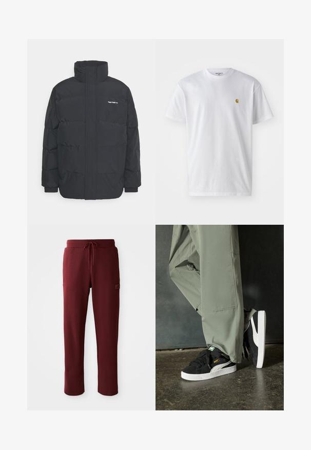 Melnā pūkainā jaka ar augstu apkakli, rāvējslēdzēja priekšpusi un elastīgām piedurknēm. Iespējama kabata un neliels logo uz krūtīm. Strukturēta virsma.; Balta kokvilnas t-kreklu ar īsām piedurknēm, apaļu kakla izgriezumu, ar mazu zelta logotipu kreisajā krūšu pusē. Mīksta tekstūra un regulāra piegriezuma.; Bordo sporta bikses, izgatavotas no mīkstas auduma, ar regulējamu pievelkamu jostu un sānu kabatu ar logo uzlīmi.; Melnas zamšādas sporta kurpes ar baltām gumijas zole un sānu svītrām, saskaņotas ar gaiši zaļām cargo biksēm, stāvot uz teksturētas tumšas virsmas.