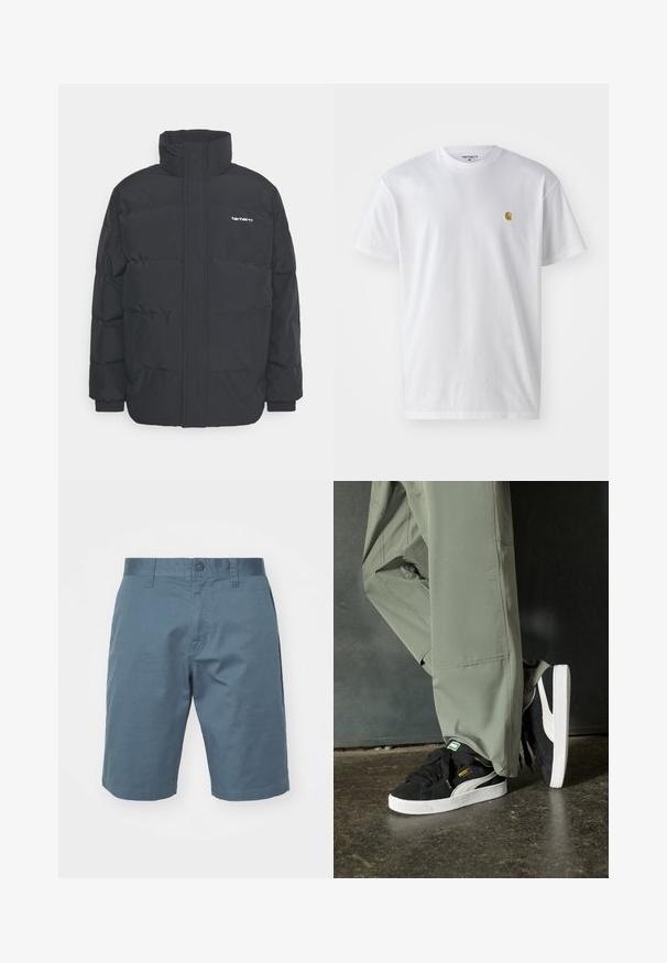 Black puffer jacket with a high collar, zip front, and elastic cuffs. Features a pocket and a small logo on the chest. Textured surface.; White cotton t-shirt with short sleeves, crew neck, featuring a small gold logo on the left chest area. Soft texture and regular fit.; Blue cotton shorts featuring a button closure, belt loops, and side pockets. Smooth texture with a relaxed fit, reaching above the knee.; Black suede sneakers with white rubber soles and side stripes, paired with light green cargo pants, standing on a textured dark surface.