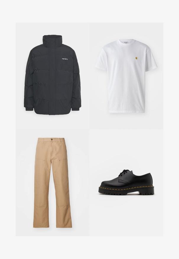 Juodas pūkinis švarkas su aukšta apykakle, užtrauktuku priekyje ir elastingomis rankovėmis. Yra kišenė ir mažas logotipas ant krūtinės. Tekstūruotas paviršius.; Balta medvilnės marškinėliai su trumpomis rankovėmis, apvalia iškirpte, kuriuose kairėje krūtinės pusėje yra mažas auksinis logotipas. Minkšta tekstūra ir reguliari forma.; Šviesiai rudos pločio kojos kelnės, pagamintos iš kanvos, su priekinėmis kišenėmis, auksiniais aksesuarais ir lygia priekiu.; Juoda odinė lakuota avalynė su apvaliu pirštu, tekstūruota gumine padu ir geltona siūlelių apdaila aplink bazę. Lygus dizainas ir glotnus paviršius.