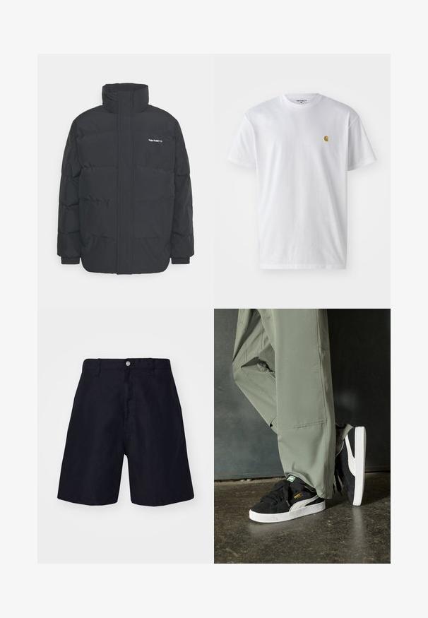 Zwarte pufferjas met een hoge kraag, rits aan de voorkant en elastische manchetten. Bevat een zak en een klein logo op de borst. Getextureerd oppervlak.; Witte katoenen t-shirt met korte mouwen en ronde hals, voorzien van een klein gouden logo op de linkerkant van de borst. Zachte textuur en een normale pasvorm.; Navyblauwe shorts van lichtgewicht stof, met een knoopsluiting, riemlussen en een recht model. Minimalistische stijl zonder patronen.; Zwarte suède sneakers met witte rubberen zolen en zijstrepen, gecombineerd met lichtgroene cargobroeken, staande op een gestructureerd donker oppervlak.