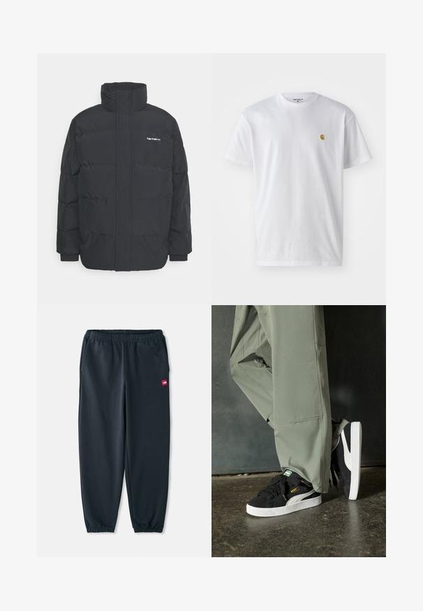 Black puffer jacket with a high collar, zip front, and elastic cuffs. Features a pocket and a small logo on the chest. Textured surface.; White cotton t-shirt with short sleeves, crew neck, featuring a small gold logo on the left chest area. Soft texture and regular fit.; Black jogger pants made of smooth fabric, featuring an elastic waistband, ankle cuffs, and a small red logo patch on the side.; Black suede sneakers with white rubber soles and side stripes, paired with light green cargo pants, standing on a textured dark surface.