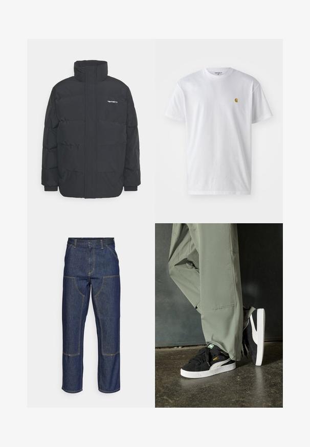 Crna puffer jakna s visokim ovratnikom, prednjim zatvaračem i elastičnim manžetama. Ima džep i mali logo na prsima. Teksturalna površina.; Bijela pamučna majica kratkih rukava s okruglim izrezom, sa malim zlatnim logotipom na lijevoj strani prsnog koša. Mekana tekstura i standardni kroj.; Tamno plave traperice s visokim strukom, ravnog kroja, kontrastnim šavovima i otvorenim džepovima sprijeda.; Crne nubuk tenisice s bijelim gumennim potplatima i bočnim trakama, uparene s svijetlozelenim cargo hlačama, stoje na teksturiranoj tamnoj površini.
