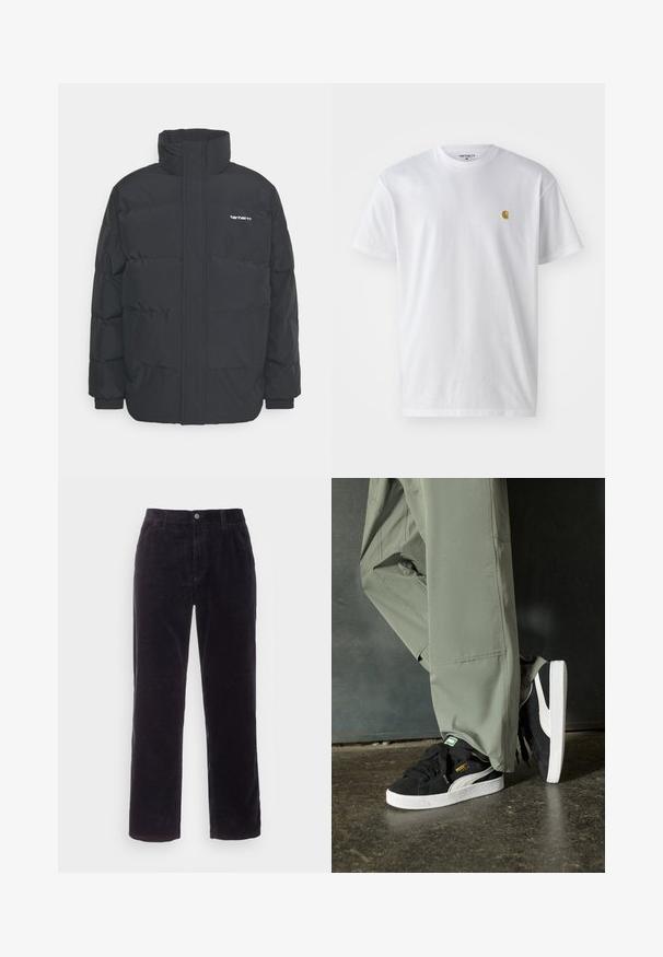 Čierna puffová bunda s vysokým golierom, zipom vpredu a elastickými manžetami. Obsahuje vrecko a malé logo na hrudi. Textúrovaný povrch.; Biele bavlnené tričko s krátkymi rukávmi, okrúhlym výstrihom, s malým zlatým logom na ľavej strane hrude. Mäkká textúra a normálny strih.; Carhartt WIP SINGLE KNEE PANT - Nohavice - dark navy rinsed; Čierne semišové tenisky s bielymi gumovými podrážkami a postrannými prúžkami, v kombinácii s svetlozelenými cargo nohavicami, stojace na textúrovanom tmavom povrchu.