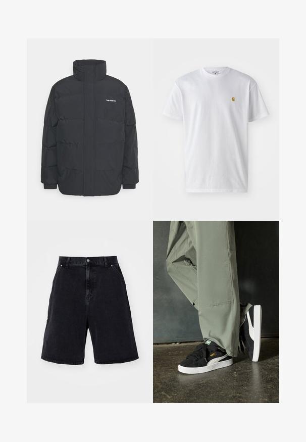 Čierna puffová bunda s vysokým golierom, zipom vpredu a elastickými manžetami. Obsahuje vrecko a malé logo na hrudi. Textúrovaný povrch.; Biele bavlnené tričko s krátkymi rukávmi, okrúhlym výstrihom, s malým zlatým logom na ľavej strane hrude. Mäkká textúra a normálny strih.; Čierne džínsové šortky majú voľný strih, štandardný dizajn s piatimi vreckami a kovové zapínanie. Hladká textúra s minimálnym blednutím.; Čierne semišové tenisky s bielymi gumovými podrážkami a postrannými prúžkami, v kombinácii s svetlozelenými cargo nohavicami, stojace na textúrovanom tmavom povrchu.