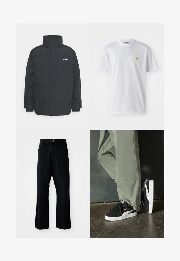 Black puffer jacket with a high collar, zip front, and elastic cuffs. Features a pocket and a small logo on the chest. Textured surface.; White cotton t-shirt with short sleeves, crew neck, featuring a small gold logo on the left chest area. Soft texture and regular fit.; Black denim trousers with a relaxed fit, featuring a gold button, five-pocket design, and straight leg cut. Smooth texture.; Black suede sneakers with white rubber soles and side stripes, paired with light green cargo pants, standing on a textured dark surface.