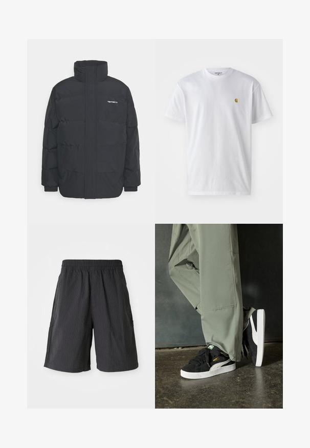 Doudoune noire avec un col montant, fermeture éclair à l'avant et poignets élastiques. Comprend une poche et un petit logo sur la poitrine. Surface texturée.; T-shirt en coton blanc à manches courtes, col rond, avec un petit logo doré sur la poitrine gauche. Texture douce et coupe régulière.; Shorts noirs avec un design texturé et côtelé, taille élastique et deux poches latérales. Style décontracté, longueur au-dessus du genou.; Baskets en daim noir avec des semelles en caoutchouc blanc et des rayures sur les côtés, associées à un pantalon cargo vert clair, posées sur une surface sombre texturée.