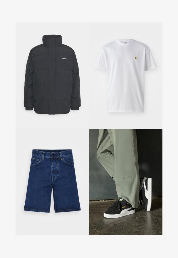 Musta puhvijaakku korkealla kauluksella, vetoketjukiinnitys edessä ja joustavat hihansuut. Varustettu taskulla ja pienellä logolla rintakehässä. Rakeinen pinta.; Valkoinen puuvillapaita lyhyillä hihoilla, pyöreä kaula-aukko, jossa on pieni kultainen logo vasemmassa rintapielessä. Pehmeä kangas ja normaali istuvuus.; Tummansiniset farkkushortsit, joissa on suora leikkaus, viisi taskua ja nappikiinnitys. Sisältää hienoa haalistumista ja tavanomaista ommelta.; Mustat mokkakengät, joissa on valkoiset kumipohjat ja sivuraitoja, yhdistettynä vaaleanvihreisiin cargo-housuihin, seisoen tummalla teksturoidulla pinnalla.