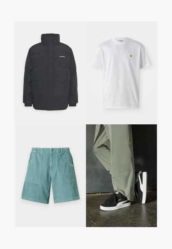 Schwarze Daunenjacke mit hohem Kragen, Reißverschluss vorne und elastischen Bündchen. Verfügt über eine Tasche und ein kleines Logo auf der Brust. Strukturiert Oberfläche.; Weißes Baumwoll-T-Shirt mit kurzen Ärmeln, Rundhalsausschnitt, mit einem kleinen goldenen Logo im linken Brustbereich. Weicher Stoff und normale Passform.; Baumwoll-Cordshorts in hellblau, mit elastischem Taillenbund, zwei seitlichen Taschen und einem knielangen Schnitt. Strukturierte vertikale Streifen.; Schwarze Wildleder-Sneaker mit weißen Gummisohlen und seitlichen Streifen, kombiniert mit hellgrünen Cargo-Hosen, stehen auf einer strukturierten dunklen Oberfläche.