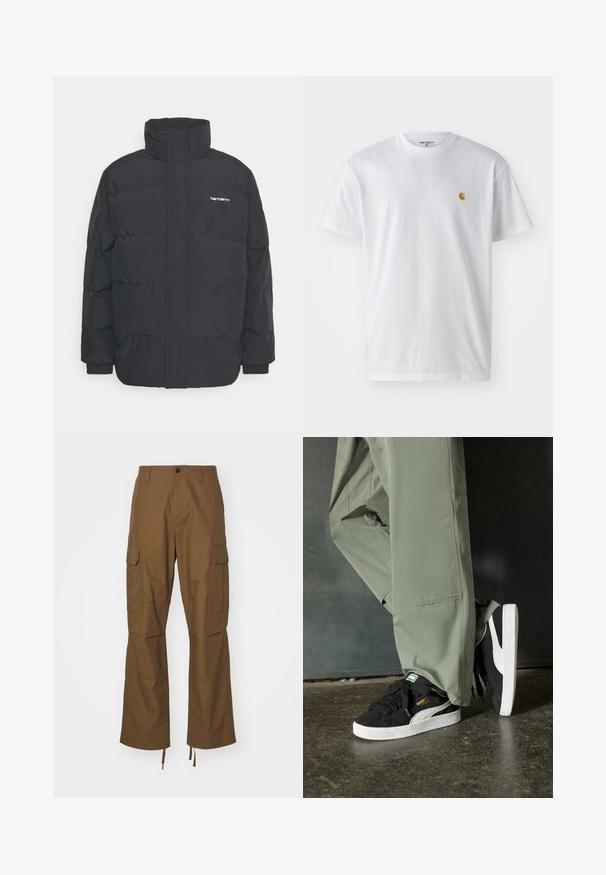 Černá zimní bunda s vysokým límcem, zipem vpředu a elastickými manžetami. Má kapsu a malé logo na hrudi. Texturovaný povrch.; Bílé bavlněné tričko s krátkým rukávem a kulatým výstřihem, s malým zlatým logem na levé straně hrudi. Měkká textura a klasický střih.; Hnědé cargo kalhoty z texturované látky, s rovnými nohavicemi, bočními kapsami a nastavovacími šňůrkami na lemu.; Černé semišové tenisky s bílými gumovými podrážkami a bočními pruhy, spárované se světle zelenými cargo kalhotami, stojící na texturovaném tmavém povrchu.