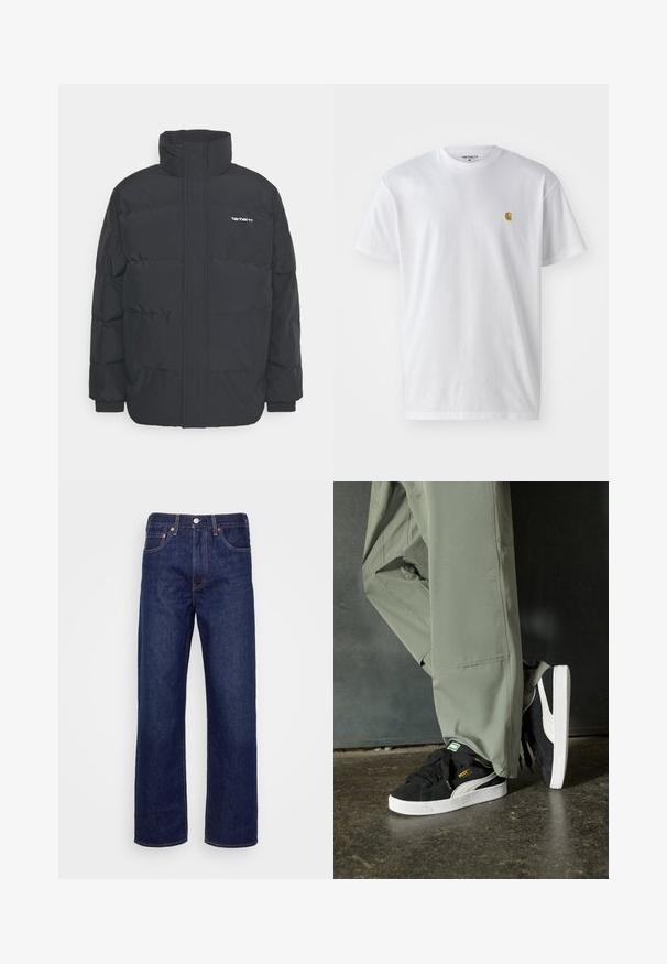 Črna puhasta jakna z visokim ovratnikom, z zadrgo spredaj in elastičnimi manšetami. Ima žep in majhen logotip na prsih. Teksturirana površina.; Bela bombažna majica s kratkimi rokavi, krožnim ovratnikom, z majhnim zlatim logotipom na levem prsnem predelu. Mehka tekstura in običajen kroj.; Temno modri kavbojki z naravnim krojem hlačnic, petimi žepi in bakrenimi nitmi. Tkanina je gladka in rahlo teksturirana.; Črne semšaste športne copate z belimi gumijastimi podplati in stranskimi črtami, v kombinaciji s svetlo zelenimi cargo hlačami, ki stojijo na teksturirani temni površini.