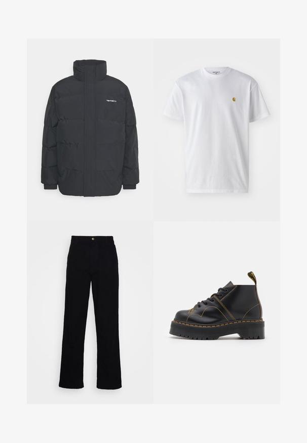 Musta puhvijaakku korkealla kauluksella, vetoketjukiinnitys edessä ja joustavat hihansuut. Varustettu taskulla ja pienellä logolla rintakehässä. Rakeinen pinta.; Valkoinen puuvillapaita lyhyillä hihoilla, pyöreä kaula-aukko, jossa on pieni kultainen logo vasemmassa rintapielessä. Pehmeä kangas ja normaali istuvuus.; Mustat, korkeavyötäröiset suorat farkut, joissa on sileä pinta, edessä nappisuljenta ja viisi taskua.; Mustat nilkkurit paksulla, uritetulla pohjalla, kontrastivärisellä keltaisella ompeleella ja vetonupilla kantapäällä. Sileä nahkamateriaali.