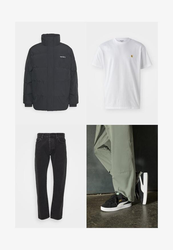 Črna puhasta jakna z visokim ovratnikom, z zadrgo spredaj in elastičnimi manšetami. Ima žep in majhen logotip na prsih. Teksturirana površina.; Bela bombažna majica s kratkimi rokavi, krožnim ovratnikom, z majhnim zlatim logotipom na levem prsnem predelu. Mehka tekstura in običajen kroj.; Moške črne kavbojke ravnega kroja z gumbnico in zadrgo spredaj, petimi žepi in zankami za pas na preprostem belem ozadju.; Črne semšaste športne copate z belimi gumijastimi podplati in stranskimi črtami, v kombinaciji s svetlo zelenimi cargo hlačami, ki stojijo na teksturirani temni površini.