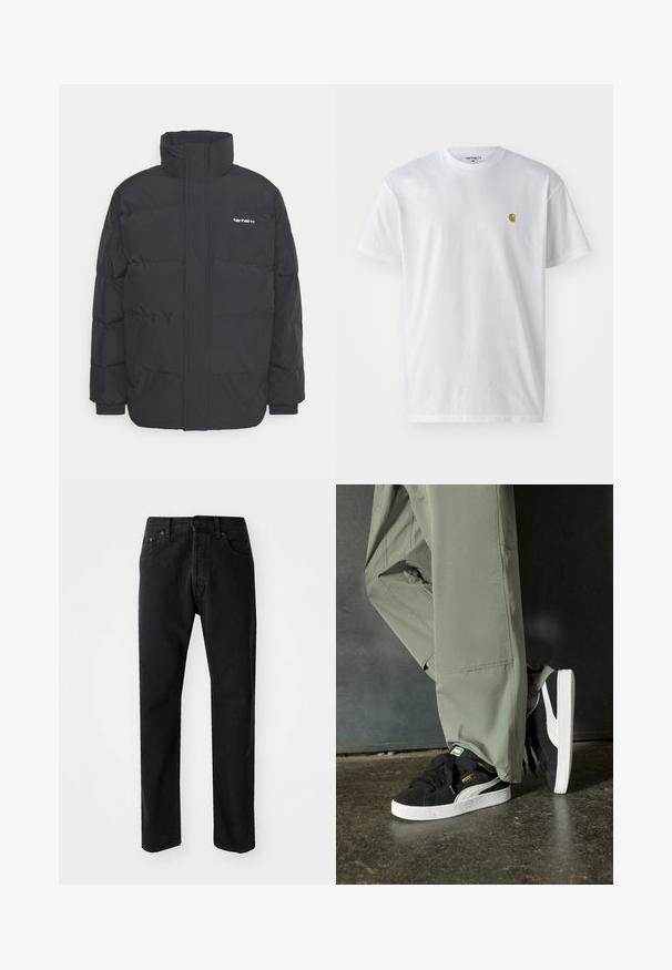 Czarna kurtka puchowa z wysoką kołnierzem, zamkiem z przodu i elastycznymi mankietami. Posiada kieszeń oraz małe logo na piersi. Teksturowana powierzchnia.; Biała bawełniana koszulka z krótkim rękawem, okrągłym dekoltem, z małym złotym logo na lewej części klatki piersiowej. Miękka textura i regularny krój.; Czarne dżinsy o prostym kroju, pięć kieszeni i zapięcie na guzik. Charakteryzują się widocznym przeszyciem i miękkim, teksturowanym materiałem.; Czarne zamszowe trampki z białymi gumowymi podeszwami i bocznymi paskami, w połączeniu z jasnoszarymi spodniami cargo, stoją na teksturowanej ciemnej powierzchni.