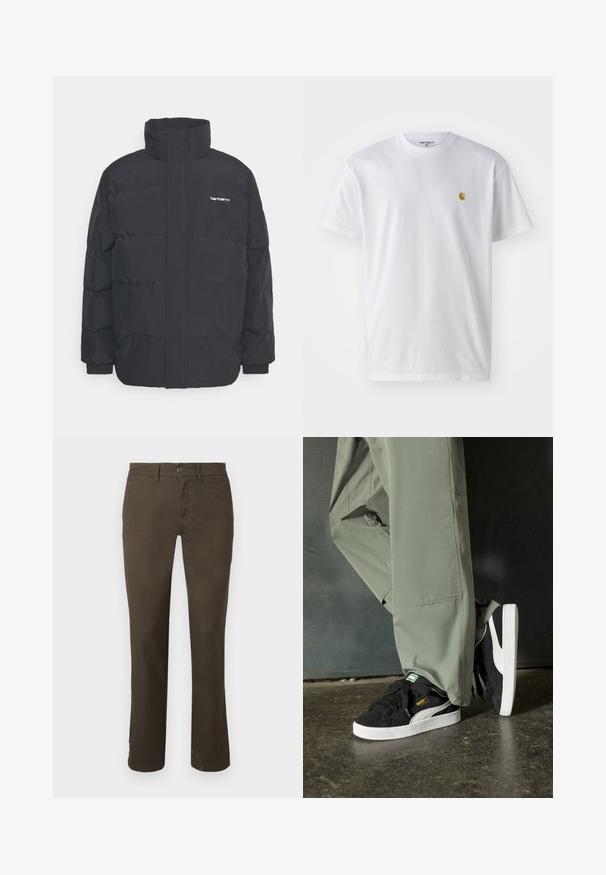 Schwarze Daunenjacke mit hohem Kragen, Reißverschluss vorne und elastischen Bündchen. Verfügt über eine Tasche und ein kleines Logo auf der Brust. Strukturiert Oberfläche.; Weißes Baumwoll-T-Shirt mit kurzen Ärmeln, Rundhalsausschnitt, mit einem kleinen goldenen Logo im linken Brustbereich. Weicher Stoff und normale Passform.; Dunkelbraune Hosen aus Baumwollmischung. Verfügt über einen Knopfverschluss, ein gerades Bein-Design und eine subtile Textur ohne sichtbare Muster oder Verzierungen.; Schwarze Wildleder-Sneaker mit weißen Gummisohlen und seitlichen Streifen, kombiniert mit hellgrünen Cargo-Hosen, stehen auf einer strukturierten dunklen Oberfläche.