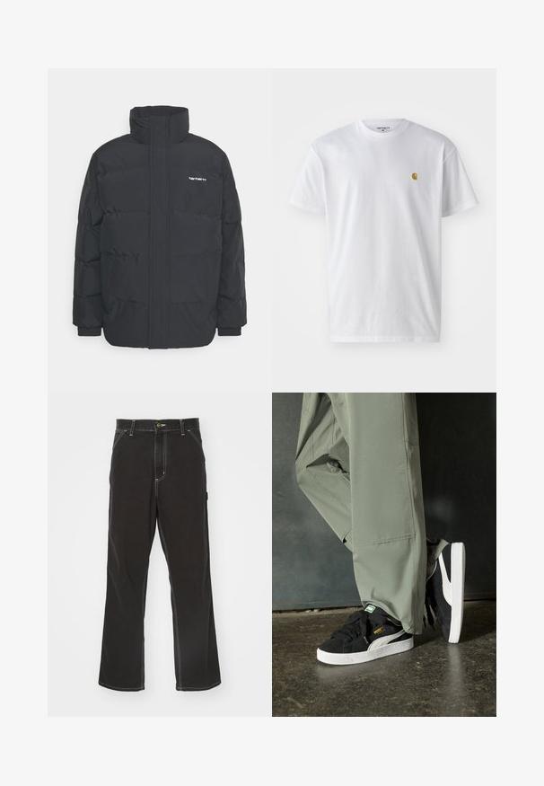 Černá zimní bunda s vysokým límcem, zipem vpředu a elastickými manžetami. Má kapsu a malé logo na hrudi. Texturovaný povrch.; Bílé bavlněné tričko s krátkým rukávem a kulatým výstřihem, s malým zlatým logem na levé straně hrudi. Měkká textura a klasický střih.; Černé džíny s rovnými nohavicemi, kontrastní bílou nití, předními kapsami a zapínáním na knoflík v pase.; Černé semišové tenisky s bílými gumovými podrážkami a bočními pruhy, spárované se světle zelenými cargo kalhotami, stojící na texturovaném tmavém povrchu.