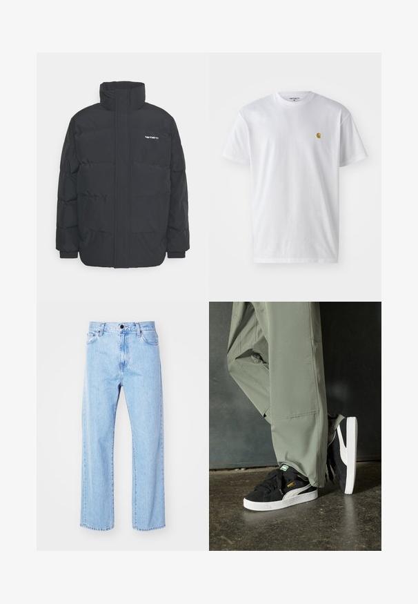Crna puffer jakna s visokim ovratnikom, prednjim zatvaračem i elastičnim manžetama. Ima džep i mali logo na prsima. Teksturalna površina.; Bijela pamučna majica kratkih rukava s okruglim izrezom, sa malim zlatnim logotipom na lijevoj strani prsnog koša. Mekana tekstura i standardni kroj.; Svijetloplave traperice s ravnim nogavicama, visokim strukom, pet džepova i klasičnim kopčanjem na dugme i patentni zatvarač.; Crne nubuk tenisice s bijelim gumennim potplatima i bočnim trakama, uparene s svijetlozelenim cargo hlačama, stoje na teksturiranoj tamnoj površini.