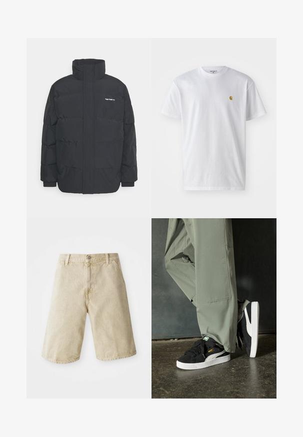 Fekete puffKabát magas nyakkal, cipzáros előlappal és rugalmas mandzsettával. Tartalmaz egy zsebet és egy kis logót a mellkason. Texturált felület.; Fehér pamut póló rövid ujjakkal, kerek nyakkal, bal mellel egy kis arany logóval. Puha tapintású és normál fazonú.; Beige farmernadrág rövidnadrág, egyenes szabással, öt zsebbel, elöl gombos és cipzáras záródással, valamint enyhe kopással az anyagon.; Fekete velúr sportcipők fehér gumitalppal és oldalsávokkal, világos zöld cargo nadrággal párosítva, egy textúrált sötét felületen állva.