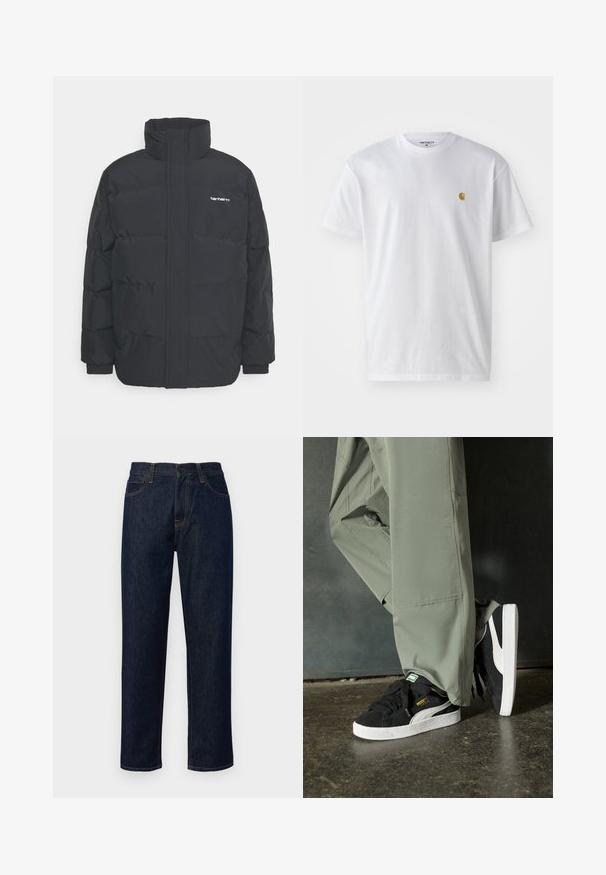 Mustam varrukas jope kõrge kaelusega, vipptõmblusega ja elastsete mansettidega. Omaduseks on tasku ja väike logo rinnal. Tekstuuritud pind.; Valge puuvillane t-särk lühikeste varrukatega, ümmargune kaelus, millel on väike kuldne logo vasakul rinnal. Pehme tekstuur ja regulaarne lõike.; Tumedad sinised teksad, mis on valmistatud denimist, sirgete säärte, keskmise kõrguse vöökohtade, oranži õmbluse ja klassikalise viie tasku disainiga.; Mustad nubukist spordijalatsid valgete kummist tallade ja külgriidega, koos heleda rohelise cargo-pükstega, seistes tekstureeritud tumedal pinnasel.