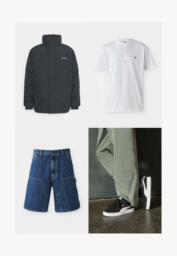 Czarna kurtka puchowa z wysoką kołnierzem, zamkiem z przodu i elastycznymi mankietami. Posiada kieszeń oraz małe logo na piersi. Teksturowana powierzchnia.; Biała bawełniana koszulka z krótkim rękawem, okrągłym dekoltem, z małym złotym logo na lewej części klatki piersiowej. Miękka textura i regularny krój.; Szorty dżinsowe w ciemnoniebieskim odcieniu, z dużymi przednimi kieszeniami, zapięciem na guzik oraz widocznym szwem wzdłuż krawędzi.; Czarne zamszowe trampki z białymi gumowymi podeszwami i bocznymi paskami, w połączeniu z jasnoszarymi spodniami cargo, stoją na teksturowanej ciemnej powierzchni.