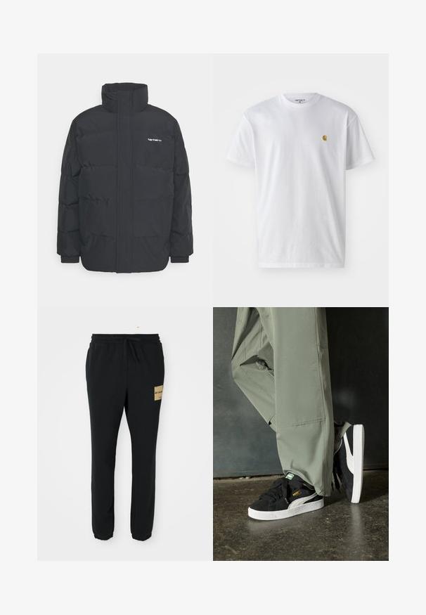Juodas pūkinis švarkas su aukšta apykakle, užtrauktuku priekyje ir elastingomis rankovėmis. Yra kišenė ir mažas logotipas ant krūtinės. Tekstūruotas paviršius.; Balta medvilnės marškinėliai su trumpomis rankovėmis, apvalia iškirpte, kuriuose kairėje krūtinės pusėje yra mažas auksinis logotipas. Minkšta tekstūra ir reguliari forma.; Juodi siauri sportiniai džinsai su elastingu juosmeniu, raišteliu, įsiūtomis kulkšnimis ir šviesiai ruda Columbia logotipo etikete dešinėje šlaunyje.; Juodi suede sportbačiai su baltais guminiais padais ir šoninėmis juostelėmis, derinami su šviesiai žaliais kargo kelnais, stovintys ant tekstūruoto tamsaus paviršiaus.