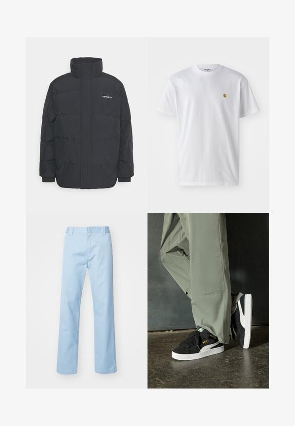 Black puffer jacket with a high collar, zip front, and elastic cuffs. Features a pocket and a small logo on the chest. Textured surface.; White cotton t-shirt with short sleeves, crew neck, featuring a small gold logo on the left chest area. Soft texture and regular fit.; Light blue straight-leg trousers made of cotton blend fabric. Features a flat front waistband, side pockets, and no visible patterns or embellishments.; Black suede sneakers with white rubber soles and side stripes, paired with light green cargo pants, standing on a textured dark surface.