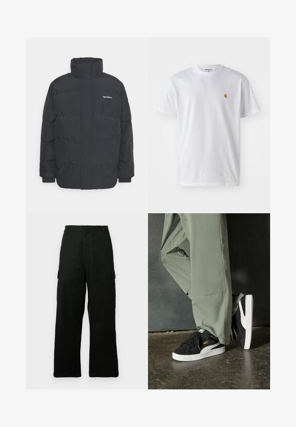 Schwarze Daunenjacke mit hohem Kragen, Reißverschluss vorne und elastischen Bündchen. Verfügt über eine Tasche und ein kleines Logo auf der Brust. Strukturiert Oberfläche.; Weißes Baumwoll-T-Shirt mit kurzen Ärmeln, Rundhalsausschnitt, mit einem kleinen goldenen Logo im linken Brustbereich. Weicher Stoff und normale Passform.; Schwarze Cargo-Hose aus strapazierfähigem Stoff, mit weitem Bein, mehreren Seitentaschen und geradem Schnitt.; Schwarze Wildleder-Sneaker mit weißen Gummisohlen und seitlichen Streifen, kombiniert mit hellgrünen Cargo-Hosen, stehen auf einer strukturierten dunklen Oberfläche.