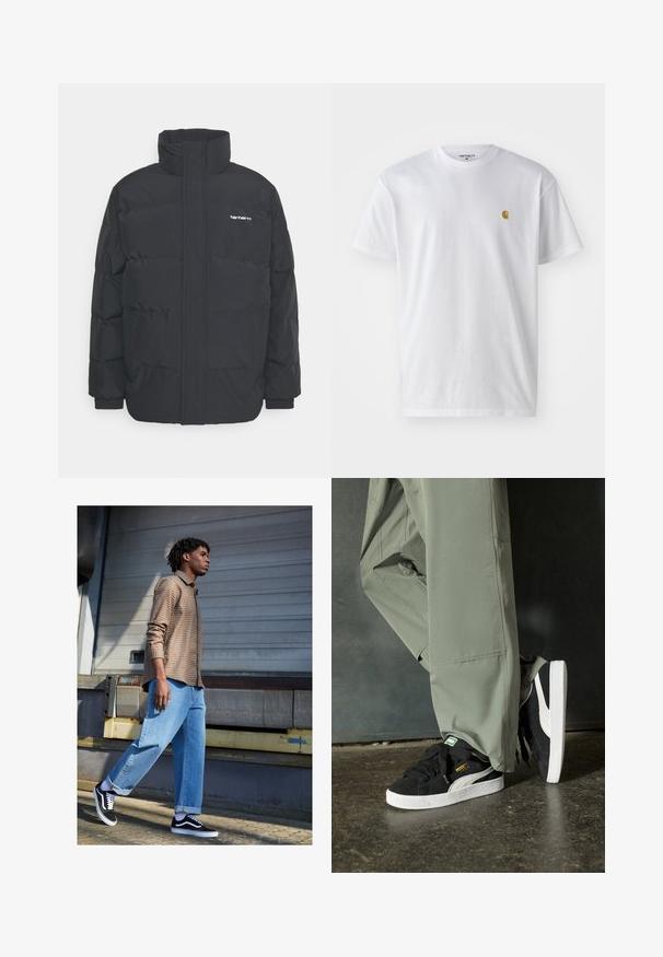 Crna puffer jakna s visokim ovratnikom, prednjim zatvaračem i elastičnim manžetama. Ima džep i mali logo na prsima. Teksturalna površina.; Bijela pamučna majica kratkih rukava s okruglim izrezom, sa malim zlatnim logotipom na lijevoj strani prsnog koša. Mekana tekstura i standardni kroj.; Smeđi karirani košulja, svijetloplave široke traperice i crne tenisice. Karakteristike uključuju prevrnute rukave i kontrastne bijele detalje na cipelama.; Crne nubuk tenisice s bijelim gumennim potplatima i bočnim trakama, uparene s svijetlozelenim cargo hlačama, stoje na teksturiranoj tamnoj površini.