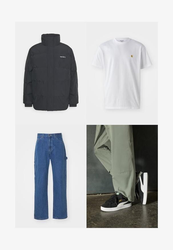 Crna puffer jakna s visokim ovratnikom, prednjim zatvaračem i elastičnim manžetama. Ima džep i mali logo na prsima. Teksturalna površina.; Bijela pamučna majica kratkih rukava s okruglim izrezom, sa malim zlatnim logotipom na lijevoj strani prsnog koša. Mekana tekstura i standardni kroj.; Plave traperice u opuštenom kroju sa ravnim nogavicama, s prednjim i stražnjim džepovima te kopčanjem na gumb u struku.; Crne nubuk tenisice s bijelim gumennim potplatima i bočnim trakama, uparene s svijetlozelenim cargo hlačama, stoje na teksturiranoj tamnoj površini.