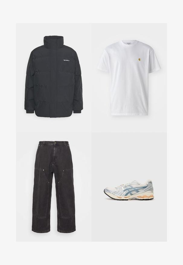 Melnā pūkainā jaka ar augstu apkakli, rāvējslēdzēja priekšpusi un elastīgām piedurknēm. Iespējama kabata un neliels logo uz krūtīm. Strukturēta virsma.; Balta kokvilnas t-kreklu ar īsām piedurknēm, apaļu kakla izgriezumu, ar mazu zelta logotipu kreisajā krūšu pusē. Mīksta tekstūra un regulāra piegriezuma.; Carhartt WIP NASH PANT SMITH - Brīva piegriezuma džinsi - black stone washed; Skriešanas apavi ar vieglu neaustā auduma augšdaļu, dekoriem sudraba un zilā krāsā, mīkstinātu nedaudz brūnas krāsas vidusdaļu un izturīgu melnu gumijas ārējo zoli.