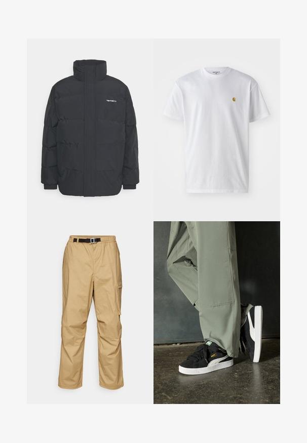Black puffer jacket with a high collar, zip front, and elastic cuffs. Features a pocket and a small logo on the chest. Textured surface.; White cotton t-shirt with short sleeves, crew neck, featuring a small gold logo on the left chest area. Soft texture and regular fit.; Khaki cargo pants made of lightweight fabric, featuring a relaxed fit, adjustable black belt, and side pockets for utility.; Black suede sneakers with white rubber soles and side stripes, paired with light green cargo pants, standing on a textured dark surface.